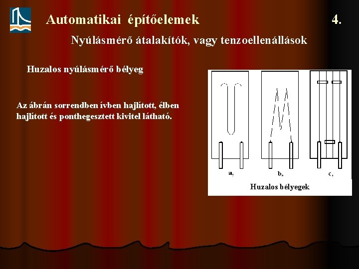 Automatikai építőelemek 4. Nyúlásmérő átalakítók, vagy tenzoellenállások Huzalos nyúlásmérő bélyeg Az ábrán sorrendben ívben