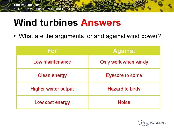 Energy generation Unit 2 Energy, materials, systems and devices Wind turbines Answers • What