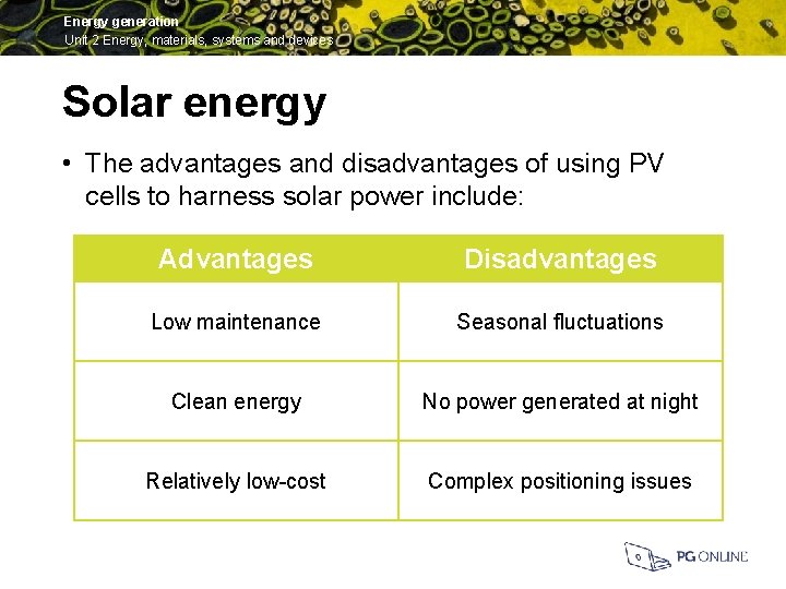 Energy generation Unit 2 Energy, materials, systems and devices Solar energy • The advantages
