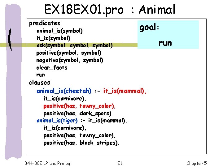 EX 18 EX 01. pro : Animal predicates goal: animal_is(symbol) it_is(symbol) ask(symbol, symbol) positive(symbol,