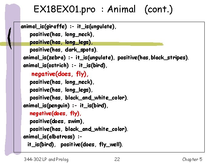 EX 18 EX 01. pro : Animal (cont. ) animal_is(giraffe) : - it_is(ungulate), positive(has,