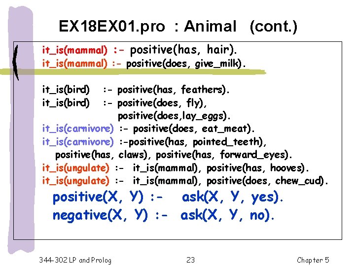 EX 18 EX 01. pro : Animal (cont. ) it_is(mammal) : - positive(has, hair).