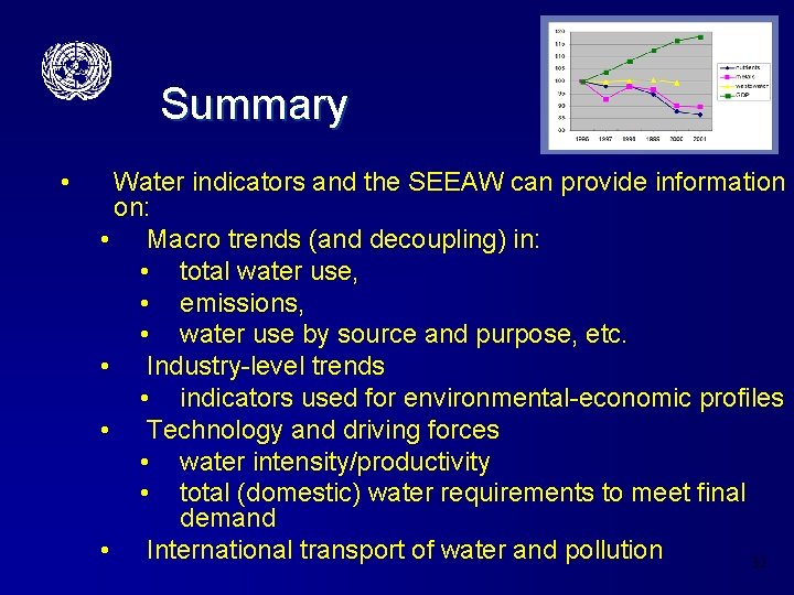 Summary • Water indicators and the SEEAW can provide information on: • Macro trends
