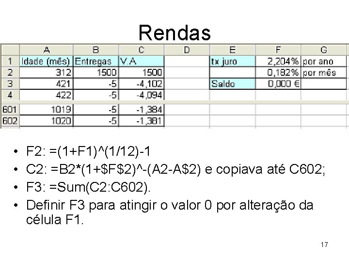 Rendas • • F 2: =(1+F 1)^(1/12)-1 C 2: =B 2*(1+$F$2)^-(A 2 -A$2) e