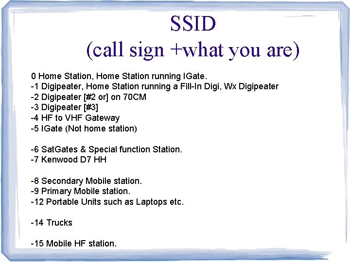 SSID (call sign +what you are) 0 Home Station, Home Station running IGate. -1