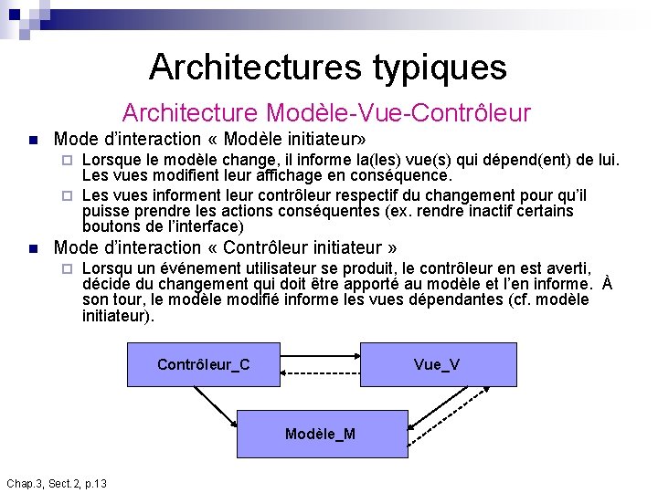 Architectures typiques Architecture Modèle-Vue-Contrôleur n Mode d’interaction « Modèle initiateur» Lorsque le modèle change, Architectures typiques Architecture Modèle-Vue-Contrôleur n Mode d’interaction « Modèle initiateur» Lorsque le modèle change,