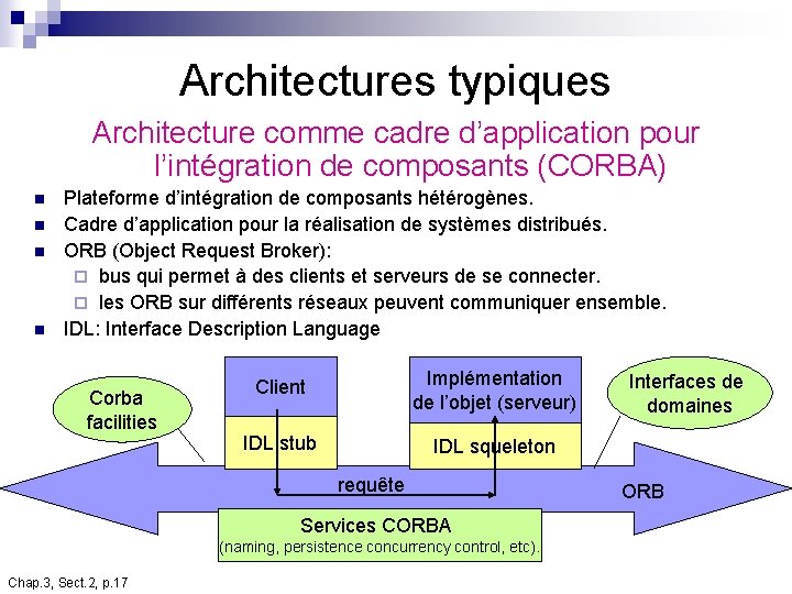 Architectures typiques Architecture comme cadre d’application pour l’intégration de composants (CORBA) n n Plateforme Architectures typiques Architecture comme cadre d’application pour l’intégration de composants (CORBA) n n Plateforme