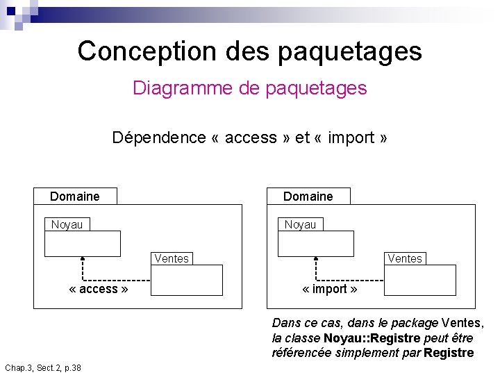 Conception des paquetages Diagramme de paquetages Dépendence « access » et « import » Conception des paquetages Diagramme de paquetages Dépendence « access » et « import »