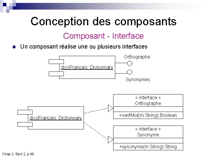 Conception des composants Composant - Interface n Un composant réalise une ou plusieurs interfaces Conception des composants Composant - Interface n Un composant réalise une ou plusieurs interfaces