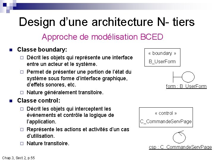Design d’une architecture N- tiers Approche de modélisation BCED n Classe boundary: Décrit les Design d’une architecture N- tiers Approche de modélisation BCED n Classe boundary: Décrit les