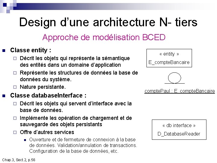 Design d’une architecture N- tiers Approche de modélisation BCED n Classe entity : Décrit Design d’une architecture N- tiers Approche de modélisation BCED n Classe entity : Décrit