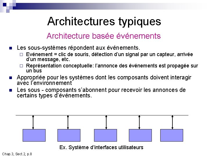 Architectures typiques Architecture basée événements n Les sous-systèmes répondent aux événements. Evénement = clic Architectures typiques Architecture basée événements n Les sous-systèmes répondent aux événements. Evénement = clic
