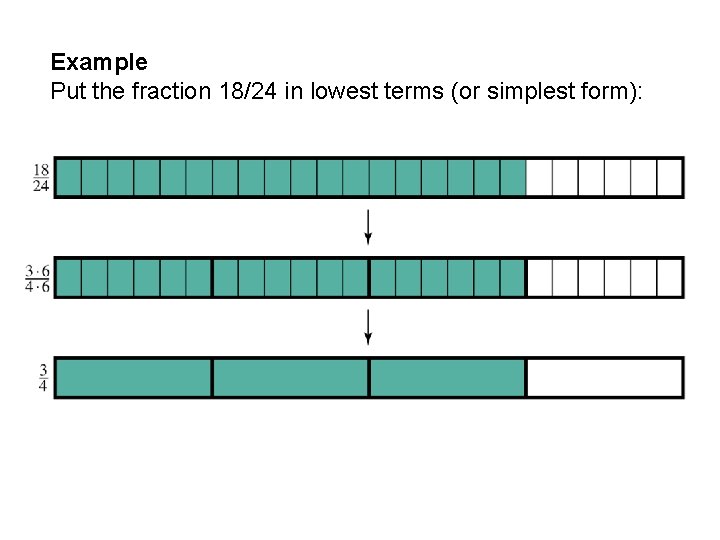 Example Put the fraction 18/24 in lowest terms (or simplest form): 