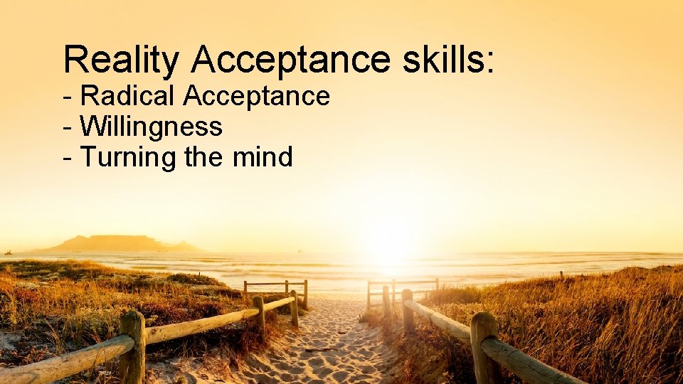 Reality Acceptance skills: - Radical Acceptance - Willingness - Turning the mind 