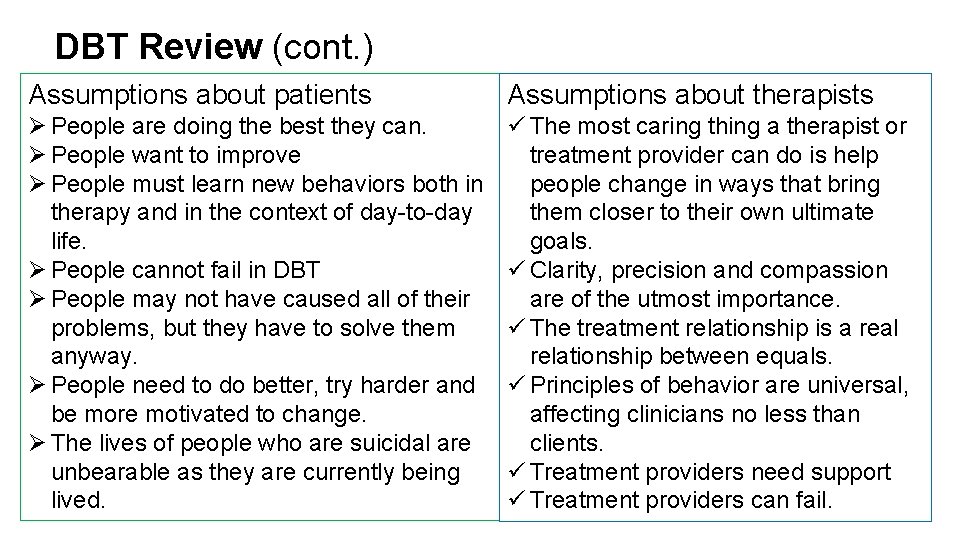 DBT Review (cont. ) Assumptions about patients Assumptions about therapists Ø People are doing