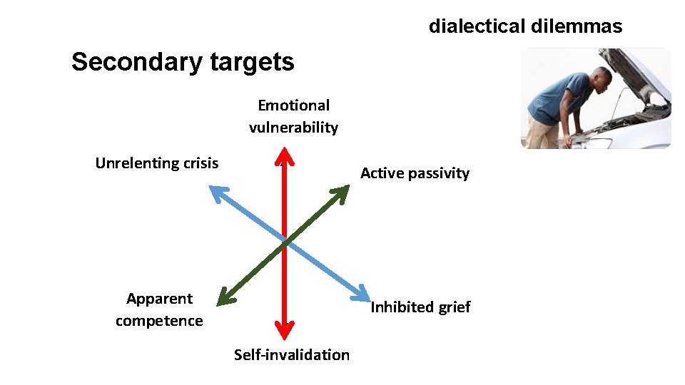 dialectical dilemmas Secondary targets Emotional vulnerability Unrelenting crisis Active passivity Apparent competence Inhibited grief