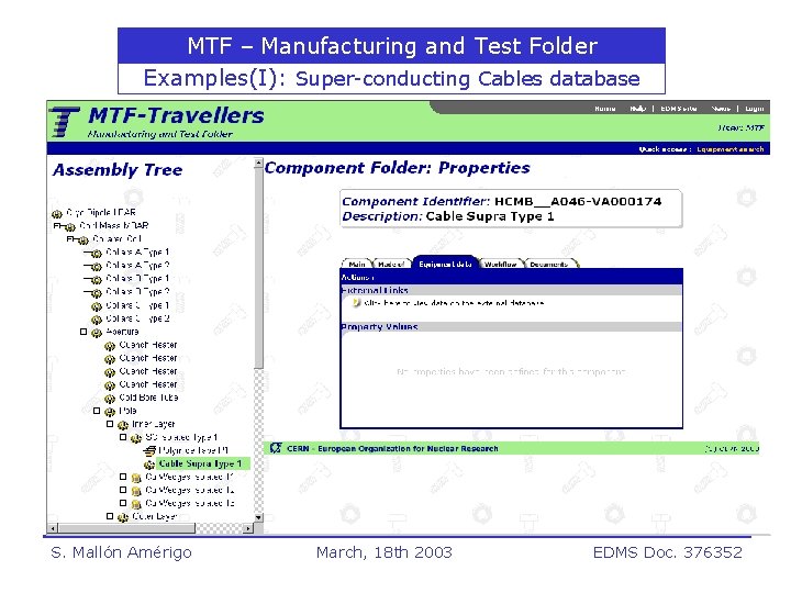 MTF – Manufacturing and Test Folder Examples(I): Super-conducting Cables database S. Mallón Amérigo March,