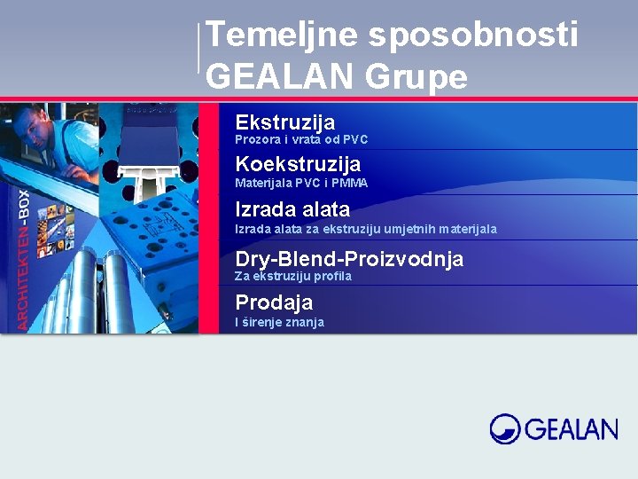 Temeljne sposobnosti GEALAN Grupe Ekstruzija Prozora i vrata od PVC Koekstruzija Materijala PVC i