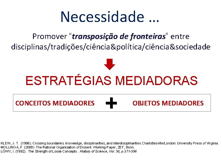 Necessidade … Promover “transposição de fronteiras” fronteiras entre disciplinas/tradições/ciência&política/ciência&sociedade ESTRATÉGIAS MEDIADORAS CONCEITOS MEDIADORES OBJETOS