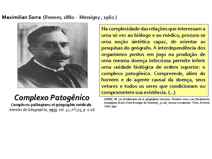 Maximilien Sorre (Rennes, 1880 - Messigny , 1962 ) Complexo Patogênico Complexes pathogènes et