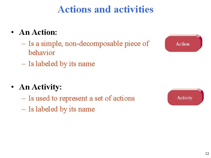 Actions and activities • An Action: – Is a simple, non-decomposable piece of behavior