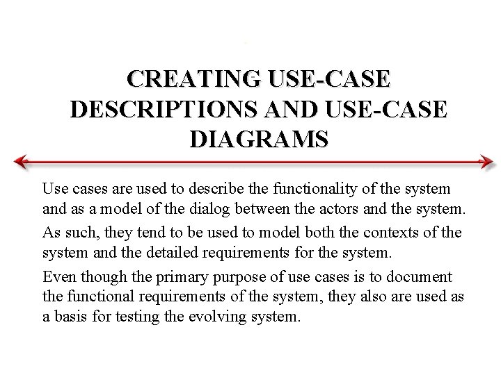 CREATING USE-CASE DESCRIPTIONS AND USE-CASE DIAGRAMS Use cases are used to describe the functionality