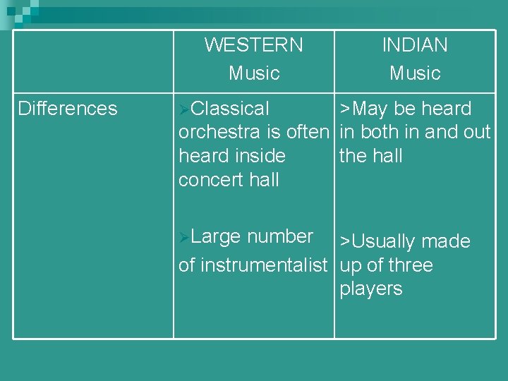 WESTERN Music Differences INDIAN Music ØClassical >May be heard orchestra is often in both