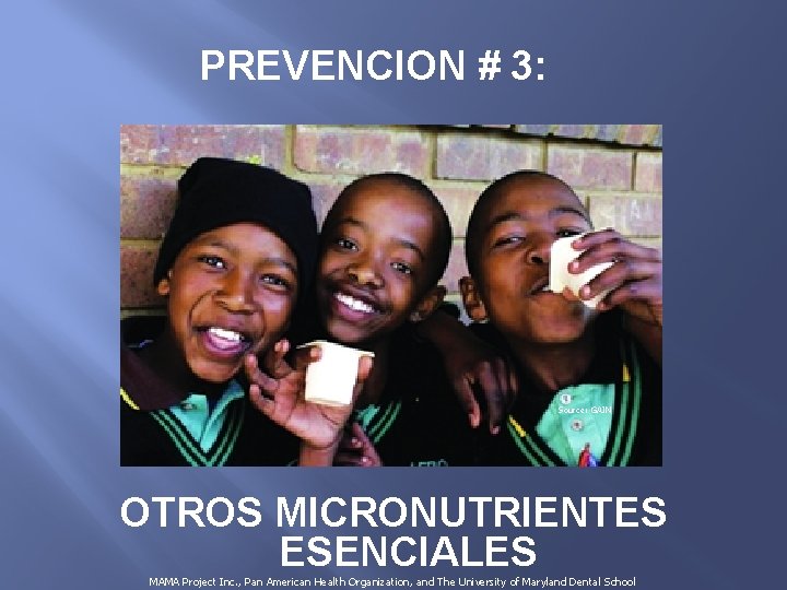 PREVENCION # 3: Source: GAIN OTROS MICRONUTRIENTES ESENCIALES MAMA Project Inc. , Pan American