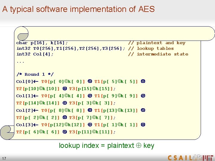 A typical software implementation of AES char p[16], k[16]; // plaintext and key int