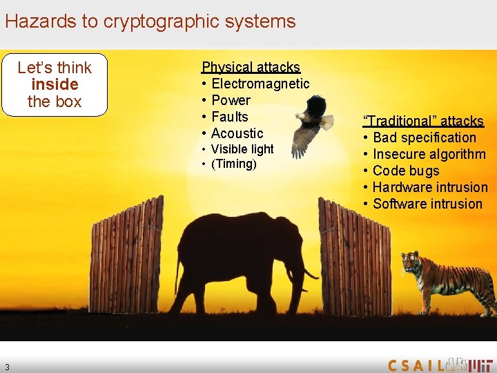 Hazards to cryptographic systems Let’s think inside the box Physical attacks • Electromagnetic •