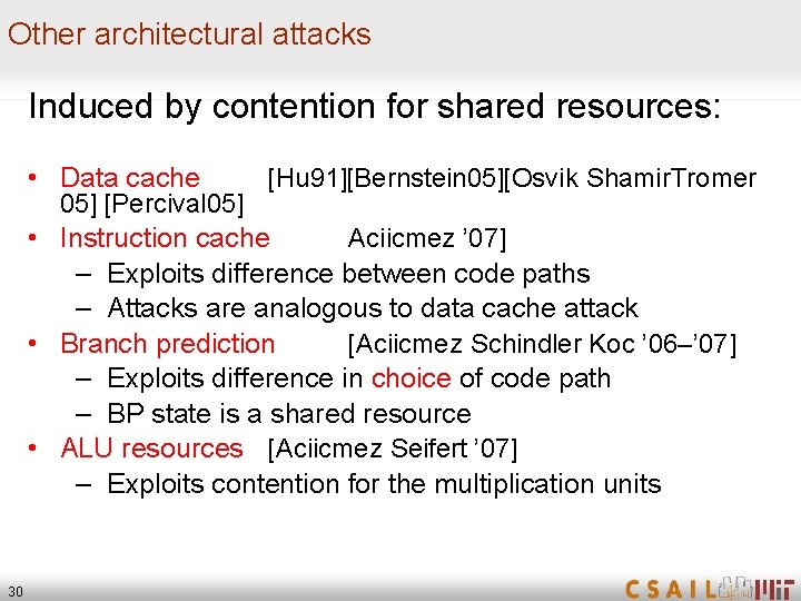 Other architectural attacks Induced by contention for shared resources: • Data cache [Hu 91][Bernstein