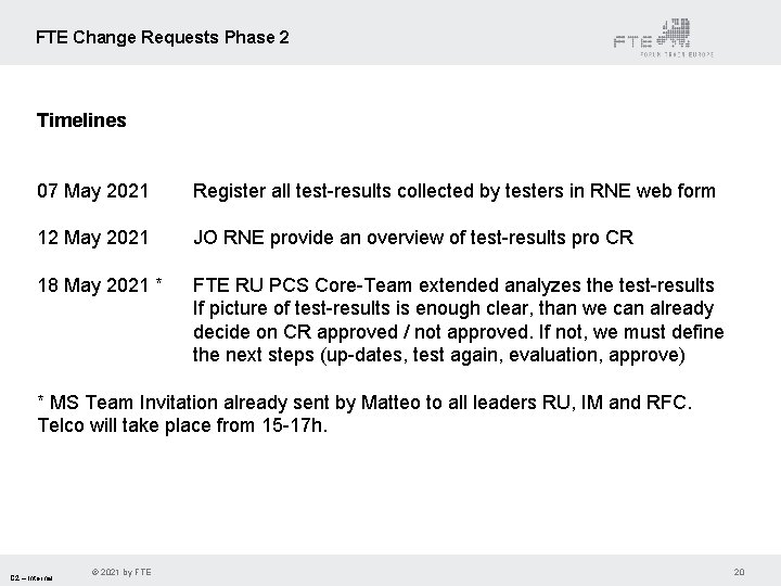 FTE Change Requests Phase 2 Timelines 07 May 2021 Register all test-results collected by