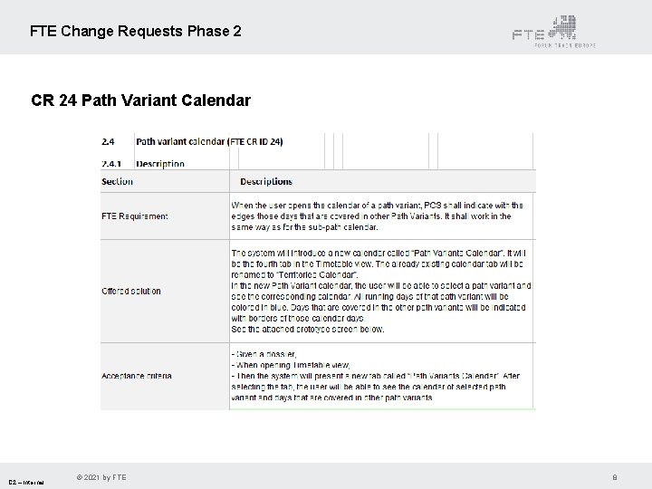 FTE Change Requests Phase 2 CR 24 Path Variant Calendar C 2 – Internal