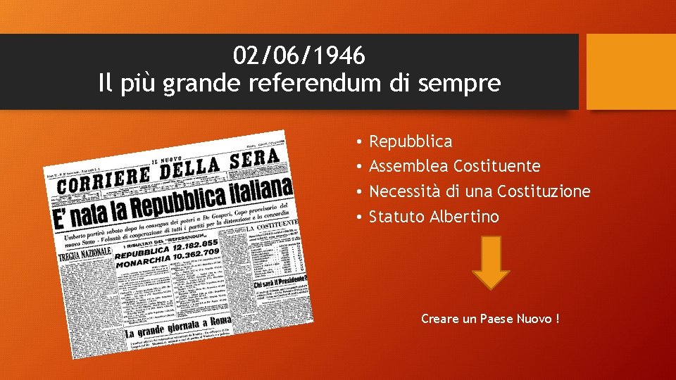 02/06/1946 Il più grande referendum di sempre • • Repubblica Assemblea Costituente Necessità di