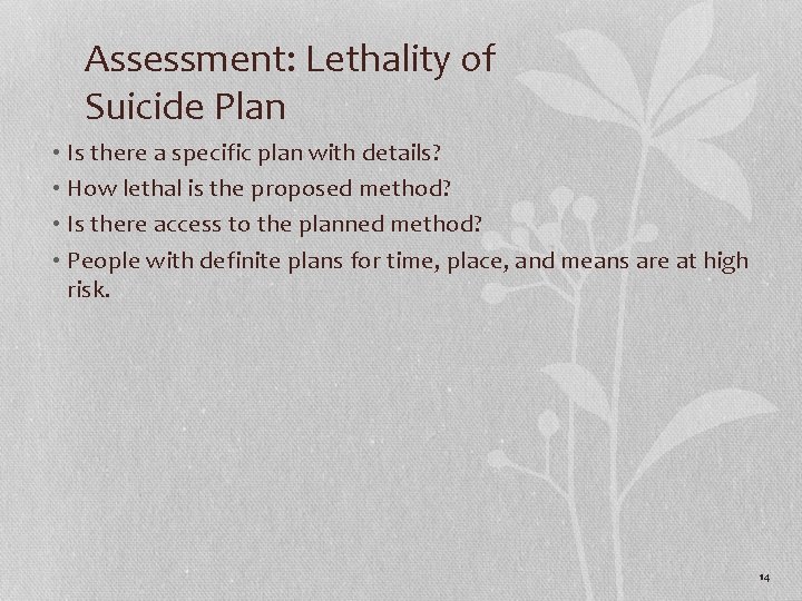 Assessment: Lethality of Suicide Plan • Is there a specific plan with details? •