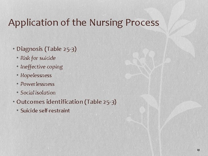 Application of the Nursing Process • Diagnosis (Table 25 -3) • • • Risk