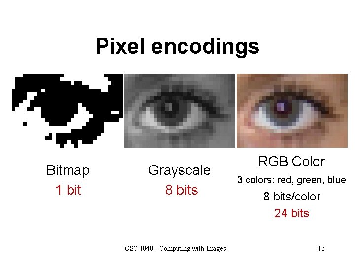 Pixel encodings Bitmap 1 bit Grayscale 8 bits CSC 1040 - Computing with Images