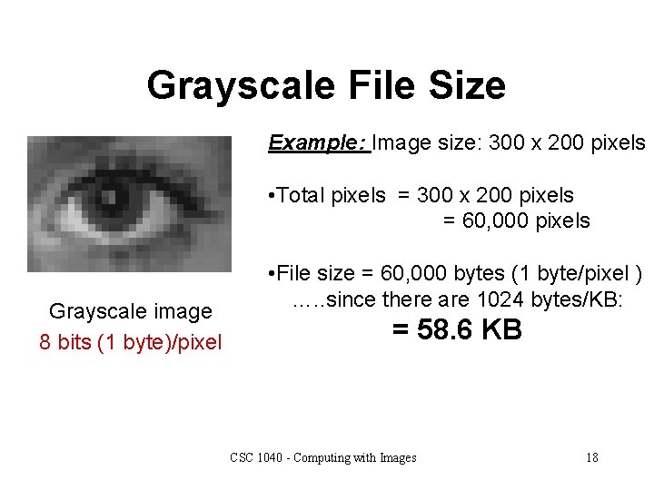 Grayscale File Size Example: Image size: 300 x 200 pixels • Total pixels =