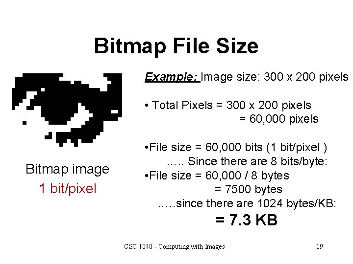 Bitmap File Size Example: Image size: 300 x 200 pixels • Total Pixels =