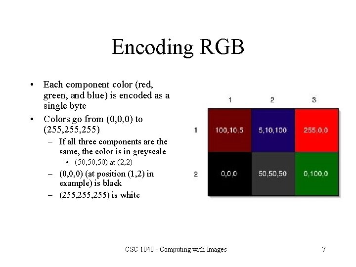Encoding RGB • Each component color (red, green, and blue) is encoded as a