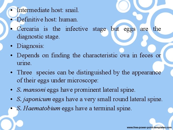  • Intermediate host: snail. • Definitive host: human. • Cercaria is the infective