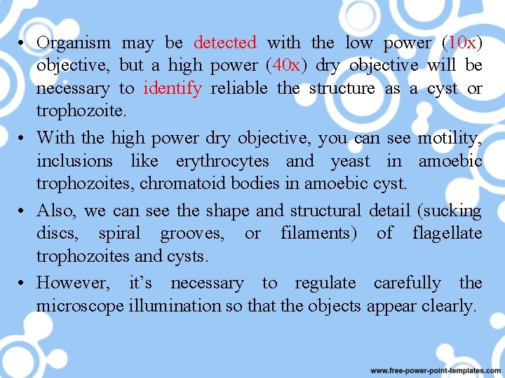  • Organism may be detected with the low power (10 x) objective, but