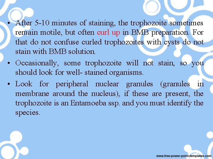  • After 5 -10 minutes of staining, the trophozoite sometimes remain motile, but