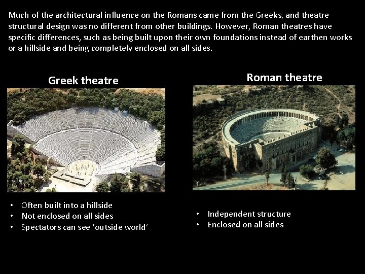 Much of the architectural influence on the Romans came from the Greeks, and theatre