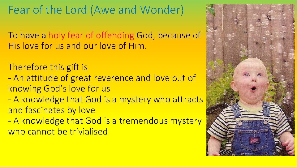 Fear of the Lord (Awe and Wonder) To have a holy fear of offending