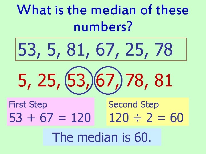 What is the median of these numbers? 53, 5, 81, 67, 25, 78 5,