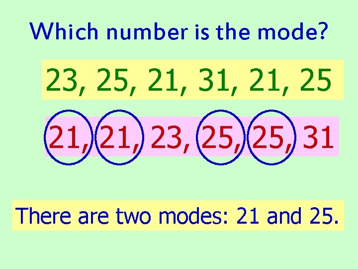 Which number is the mode? 23, 25, 21, 31, 25 21, 23, 25, 31