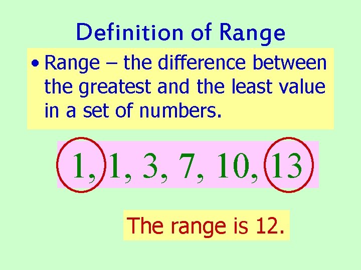 Definition of Range • Range – the difference between the greatest and the least