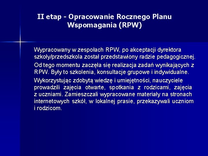 II etap - Opracowanie Rocznego Planu Wspomagania (RPW) Wypracowany w zespołach RPW, po akceptacji