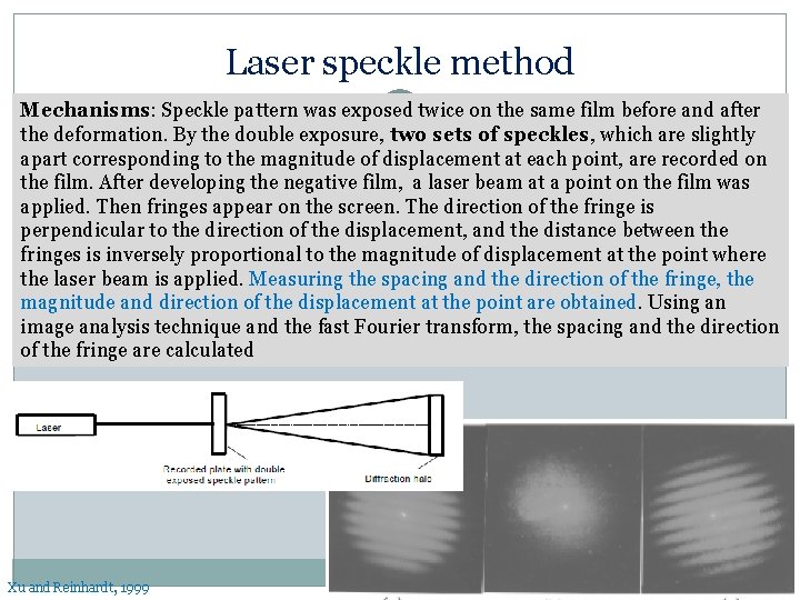 Laser speckle method Mechanisms: Speckle pattern was exposed twice on the same film before